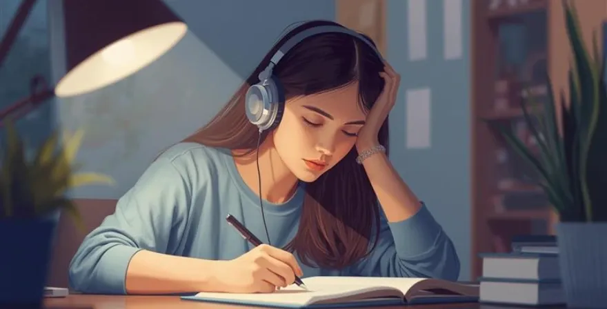Student wearing headphones and studying with music to improve focus